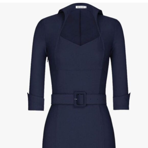 Navy Blue Pleated Collar Half Sleeve Bodycon Dress - Picture 1 of 6